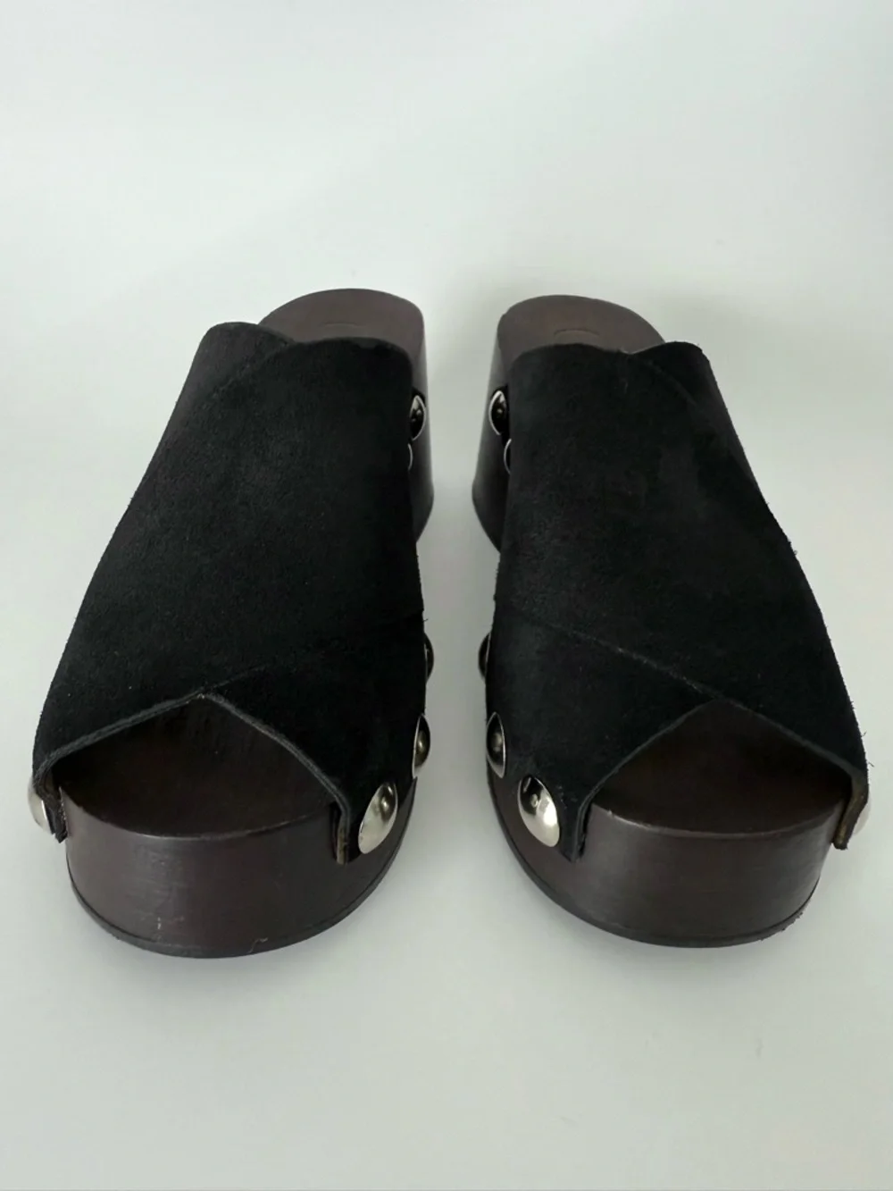 GANNI Retro Studded Wood Black Suede Clogs Open Toe Wedge - Picture 7 of 16